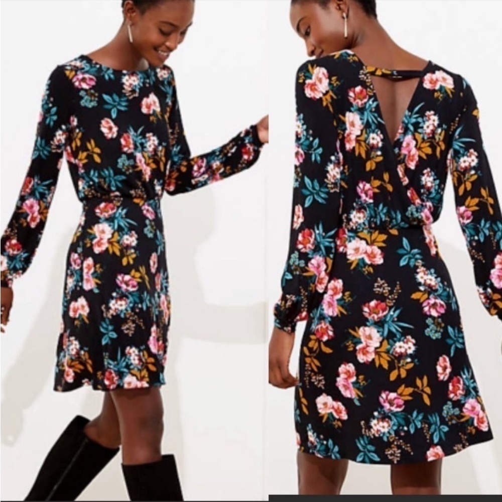 NWT Ann Taylor LOFT Dress Open Back Long Sleeve Floral Romantic Skater Black Pin